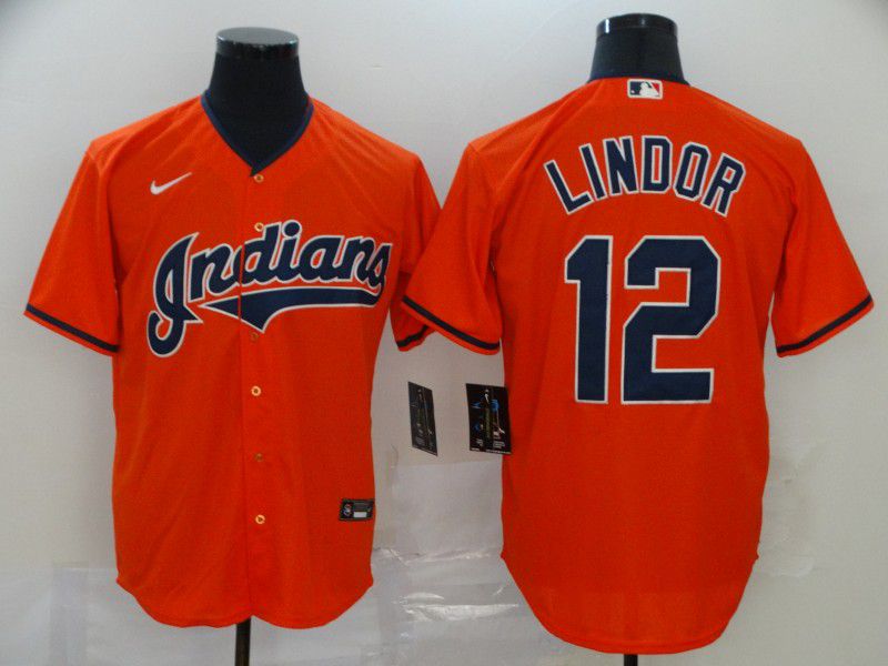 Men Cleveland Indians 12 Lindor Orange Nike Game MLB Jerseys